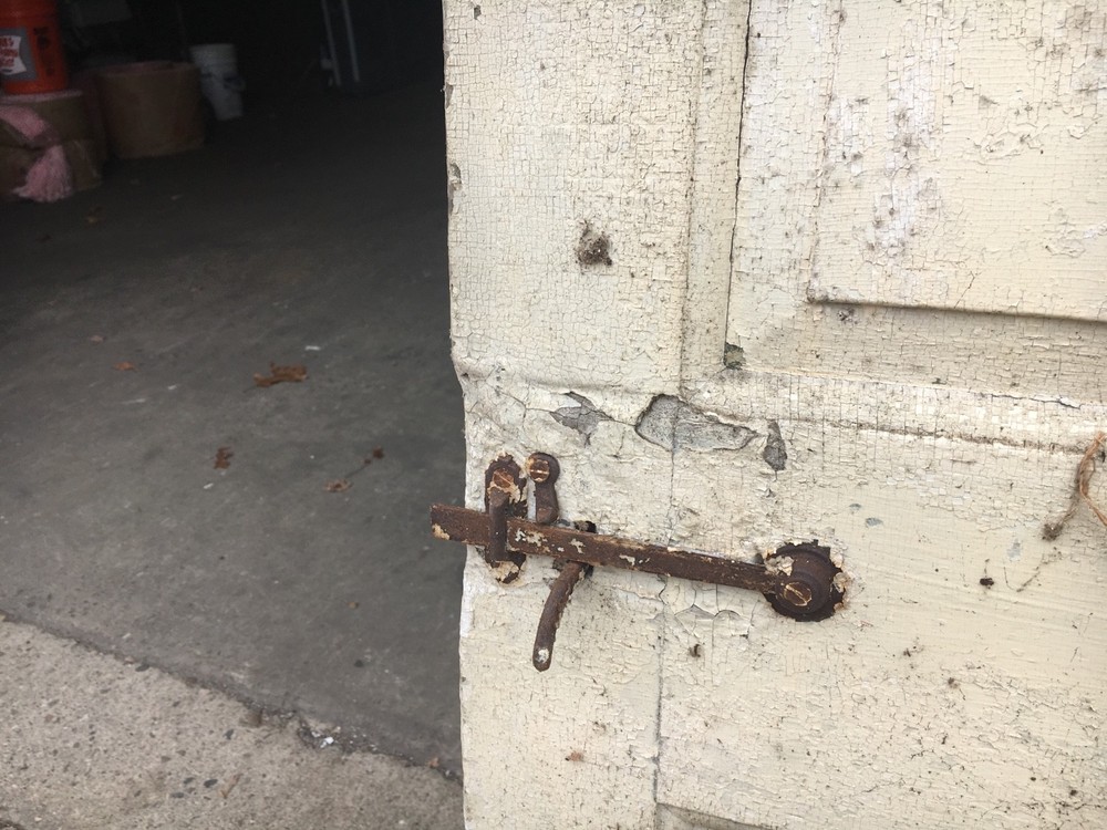 c1830 Raised panel door old crusty paint 77 x 29.5" - Five panel old hardware