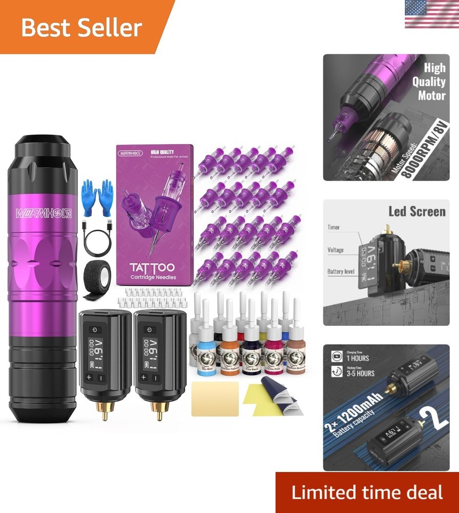 Complete Tattoo Experience: Wireless Machine, Ink Set & 20 Needles - Purple Kit