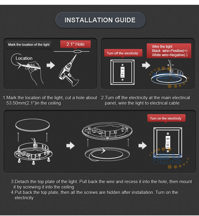 RV Boat Interior LED Light Fixtures Recessed Mount Black Shell Warm White 2.75"
