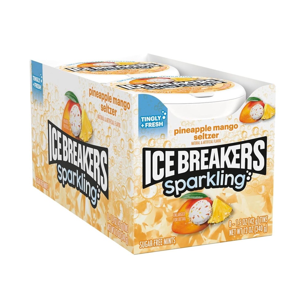 ICE BREAKERS Sparkling Pineapple Mango Seltzer Sugar Free Mints Tins 8 CountICE