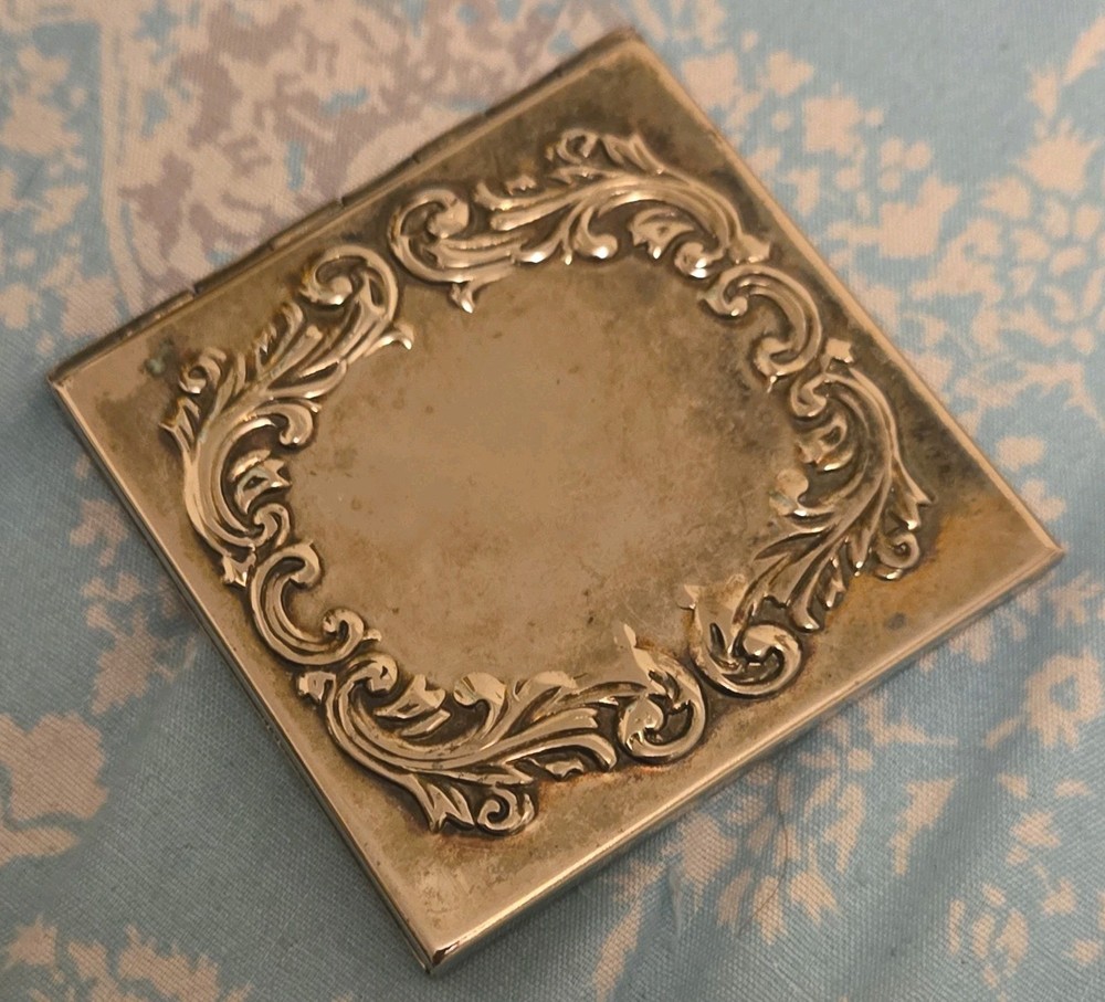 Vintage Silver Plated Compact Mirror Ornate Scrollwork 2.5