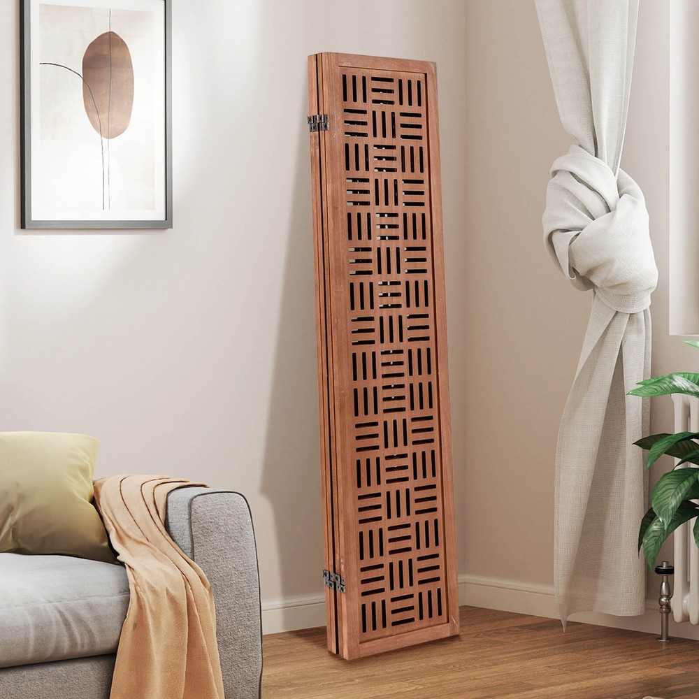 4-Panel Room Divider w/Double Action Metal Hinges Solid Wood Frame for Bedroom