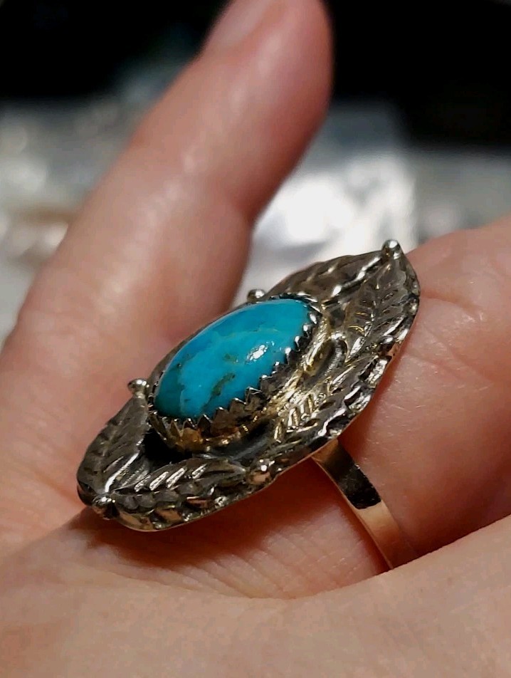 New Sterling Silver & Kingman Turquoise Adjustable Ring with Leaf Design