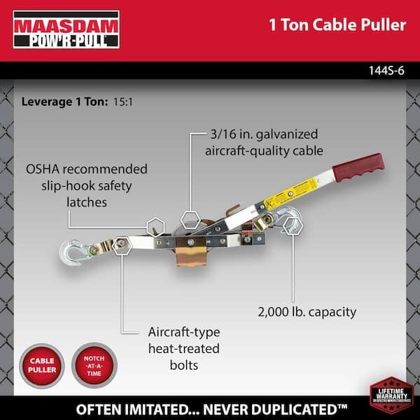 1-Ton Capacity Winch Puller, 12 ft. Lift, 15:1 Leverage, 12 ft. Cable.