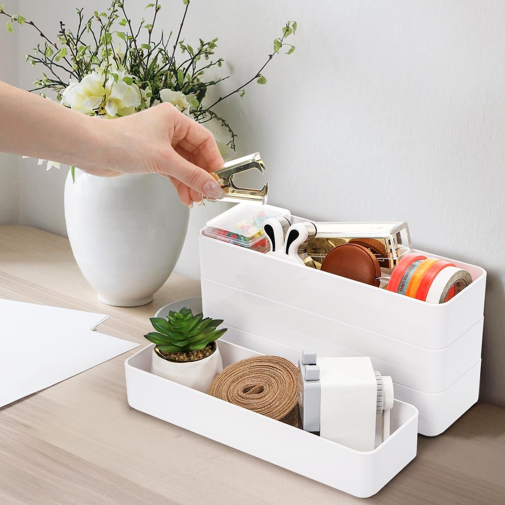 6 Pack Plastic Drawer Organizer, 10'' x 3.3'' x 1.8'' White Stackable Vanity ...