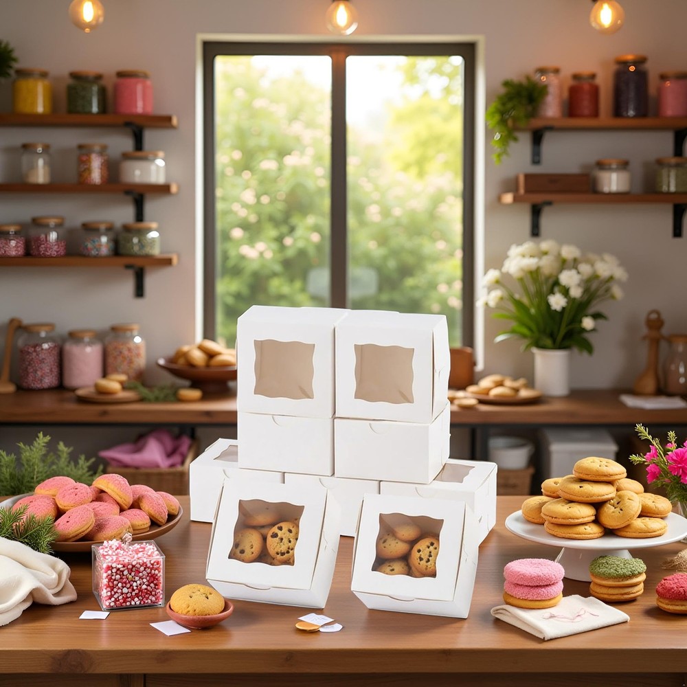 100Pack 4x4x2.5 Cookie Boxes with Window, White Bakery Boxes for Treats, Gift...