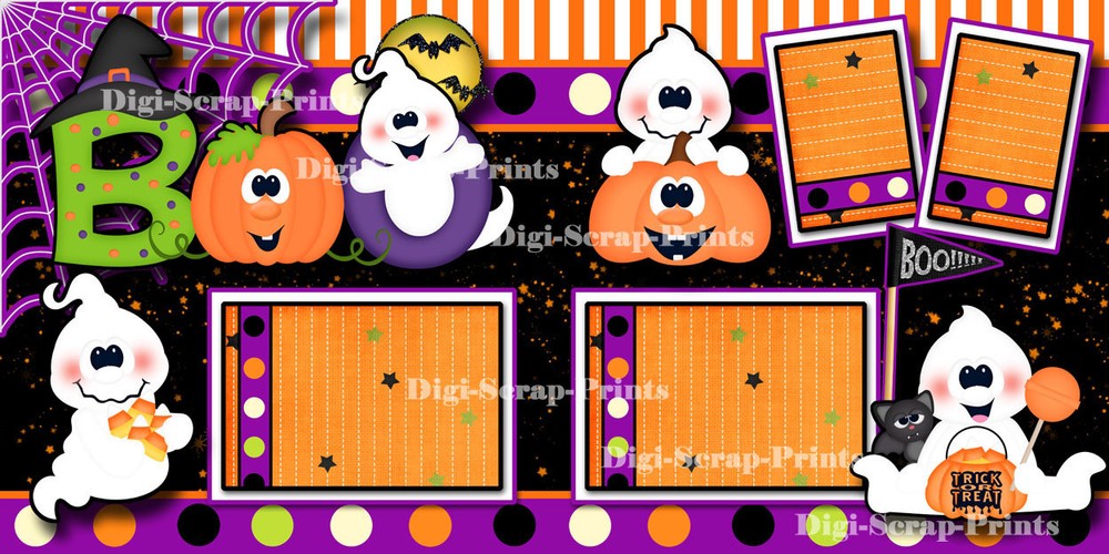 HALLOWEEN GHOST BOO 2 premade scrapbook pages layout paper piecing ~BY DIGISCRAP