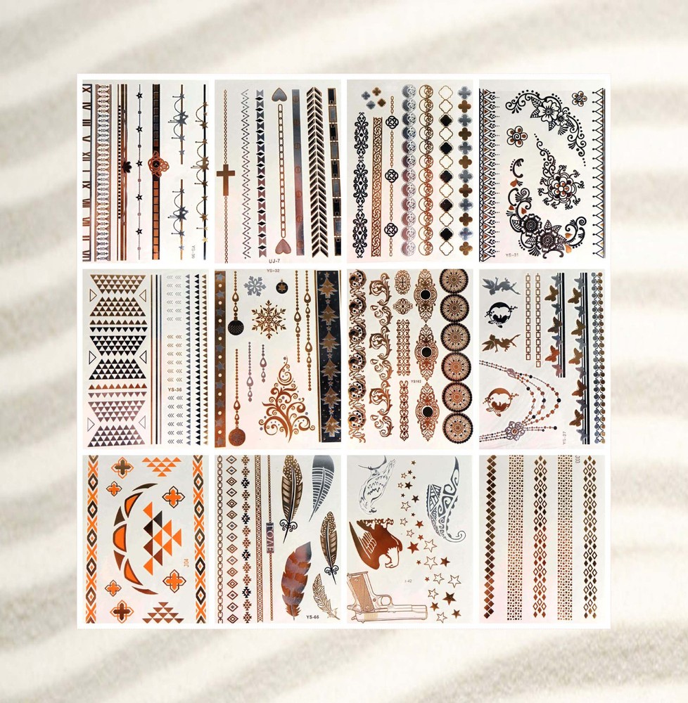 12 sheets metallic gold removable sticker temporary tattoo