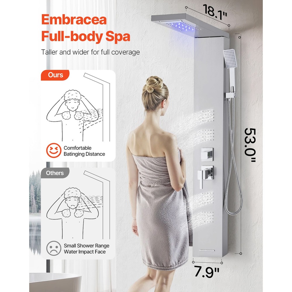 Shower Panel Tower System Stainless Steel Column Rainfall Waterfall Head 5 Modes