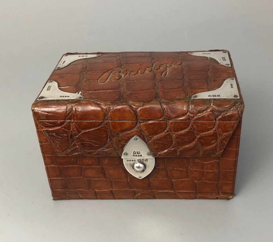 Edwardian Solid Silver Mounted Leather Bridge Box London 1903 ADZX