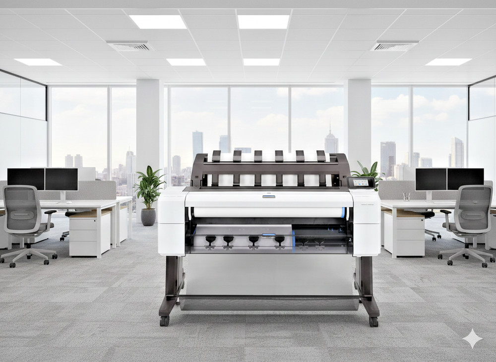 HP DesignJet T1600PS Dual Roll 36" Wide Large Format CAD PDF Plotter Top Stacker