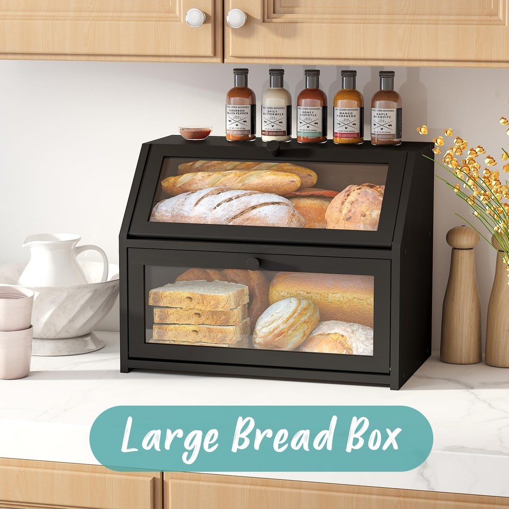 Black Bread Box for Kitchen Counter, Large Bread Storage Container, Double La...