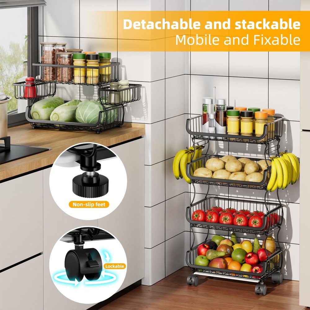 6 Tier Rolling Cart, Stackable Fruit Vegetable Basket with Wheels and 2 Hangi...