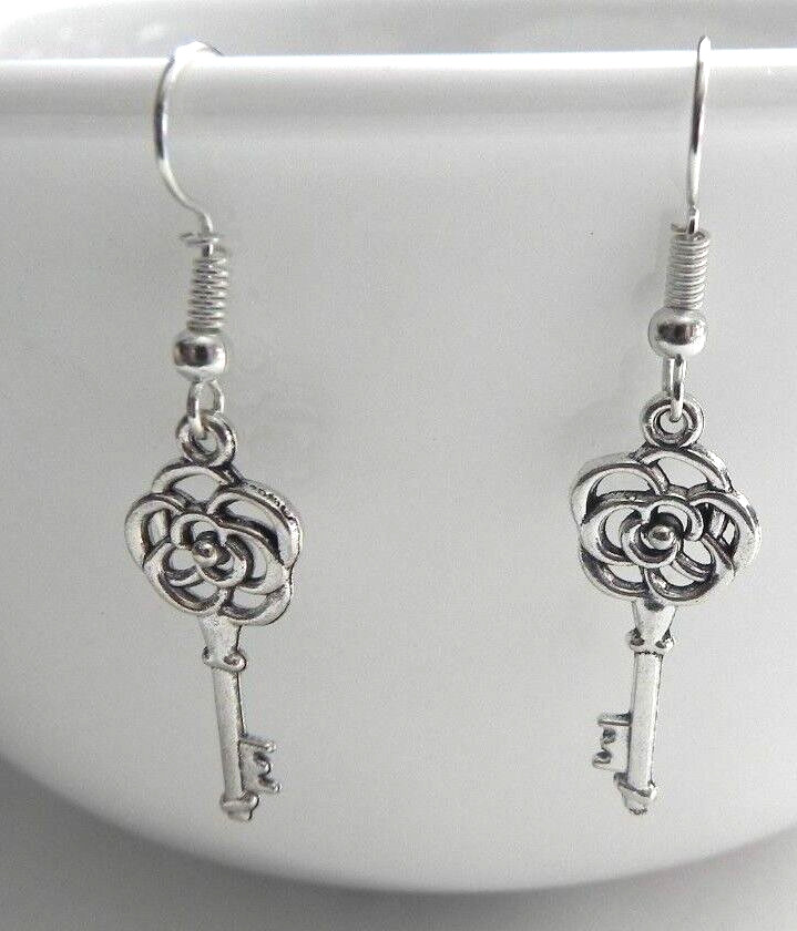 1  1/4" KEY CHARM Dangle Silver Tone EARRINGS HOOKS