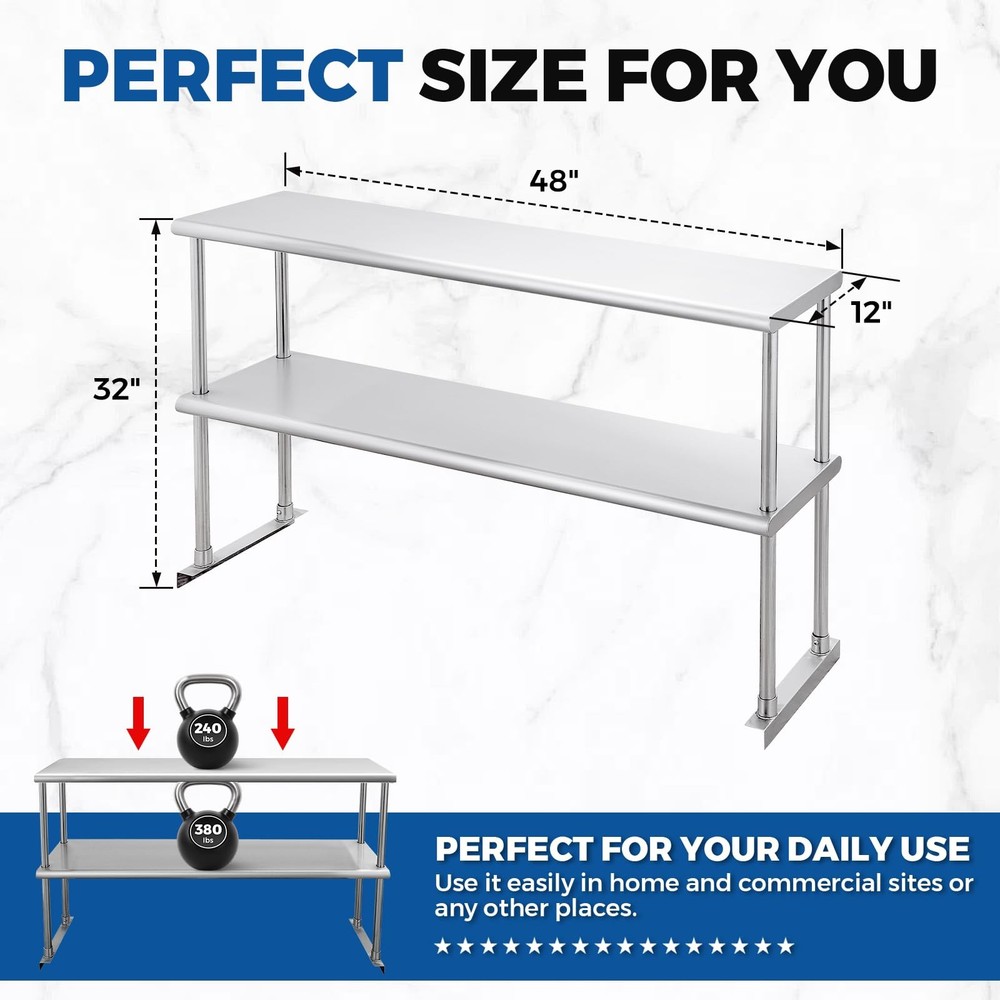 Profeeshaw Stainless Steel Overshelf for Prep Work Table 12” x 48” NSF Comme...