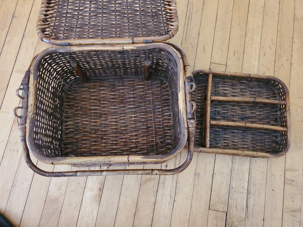 Vintage Large Basket with Insert Tray Multiple Compartments Handles Bamboo Weave