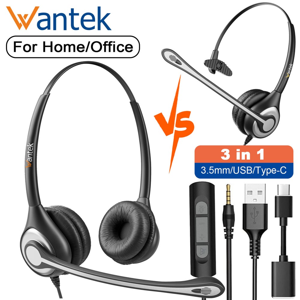 3in1 Wired Headset 3.5mm/USB/Type-C with Microphone Work Earphone for PC/Phone