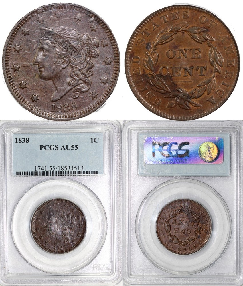 1838 1c N-12 Matron Head Large Cent PCGS AU 55
