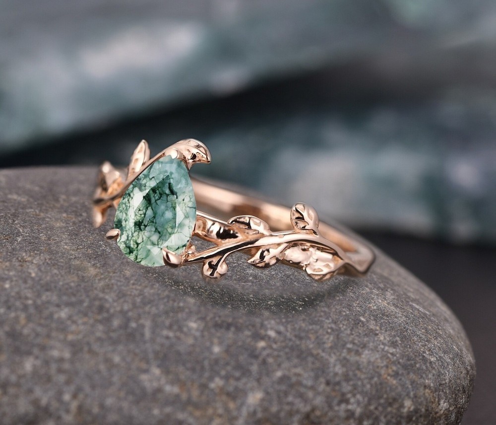 Moss Agate Engagement Ring, 925 Sterling Silver, Silver Leaf Ring, Wedding Ring