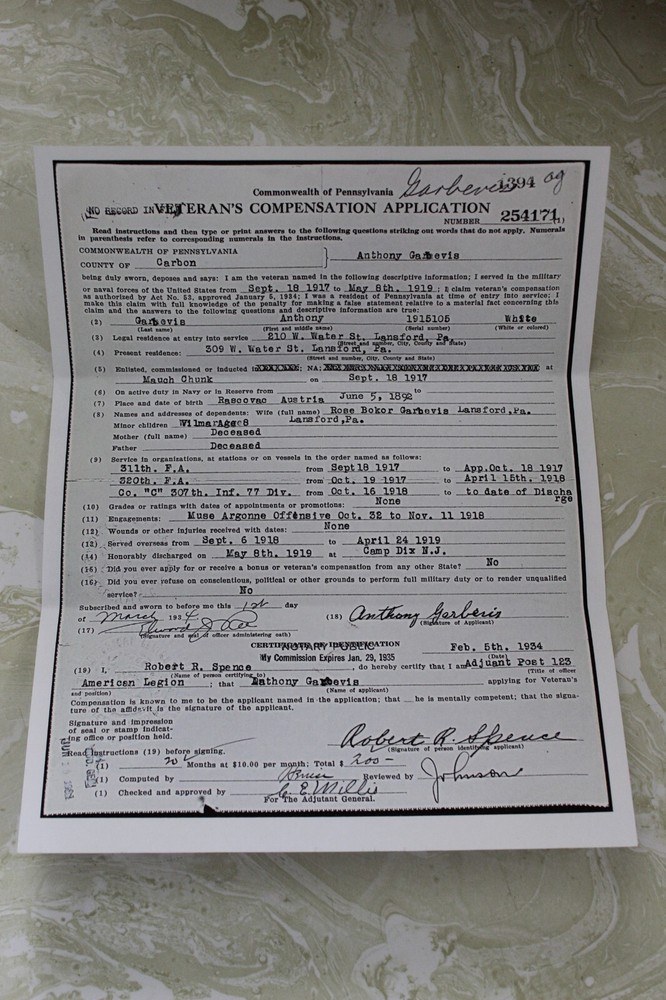 WWI DOG TAG WITH PAPERWORK FROM ANTHONY GARBEVIS