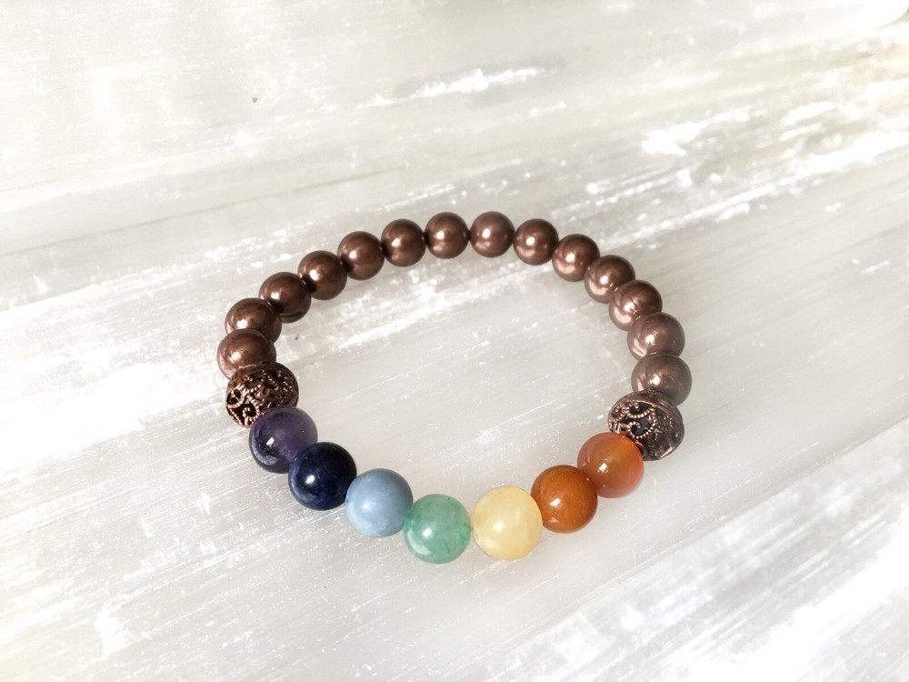 Copper 7 Chakra Crystal Bracelet Adjustable Stretchy 8 mm Beaded Gemstone Healin