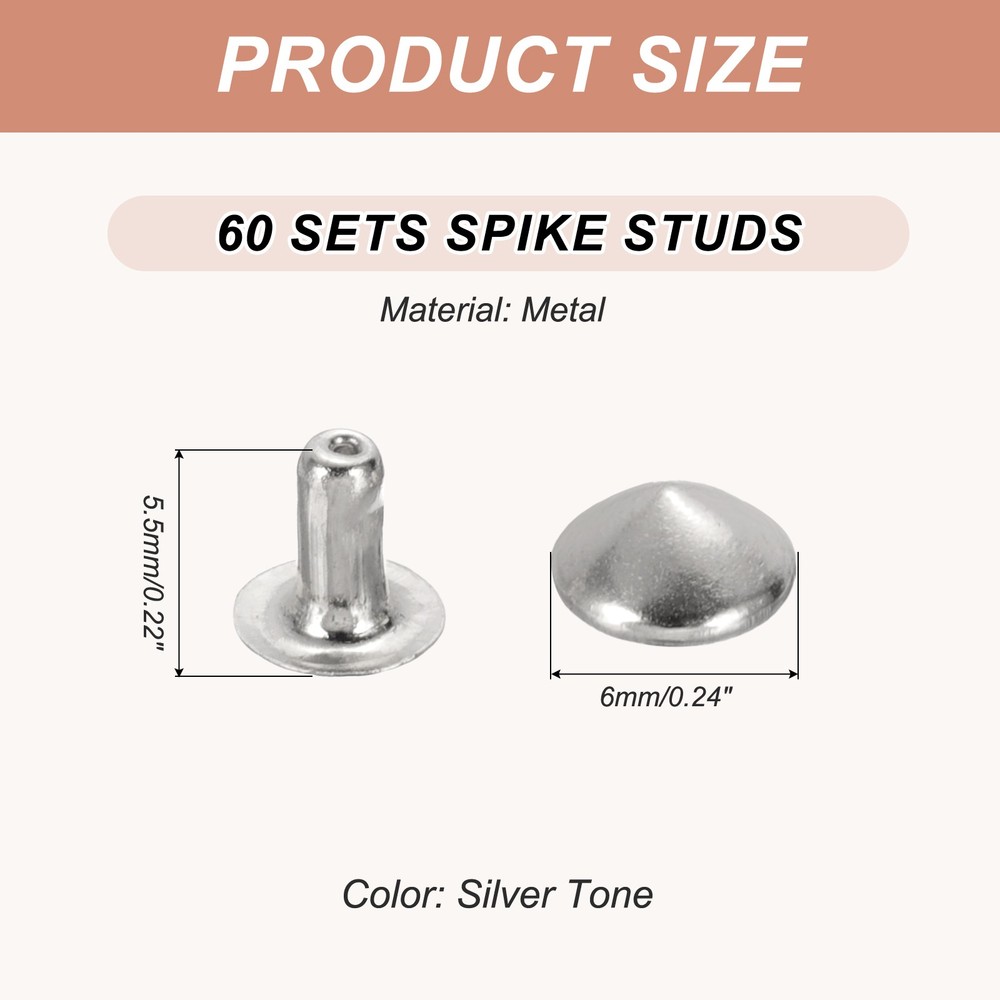 6mm Spike Rivets, 60 Sets Round Studs Rivet Rapid Punk Spikes, Silver Tone