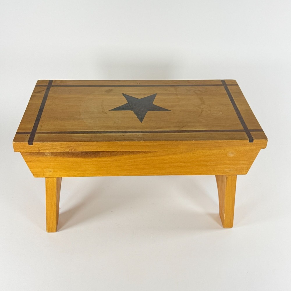 Rustic Wood Stool W/ Black Star Design Rectangular Stool Country Farmhouse Decor