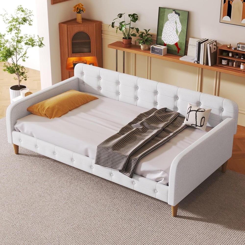 Twin Size Upholstered Daybed W/ 4 Support Legs Linen Sofa Bed Frame W/ Button
