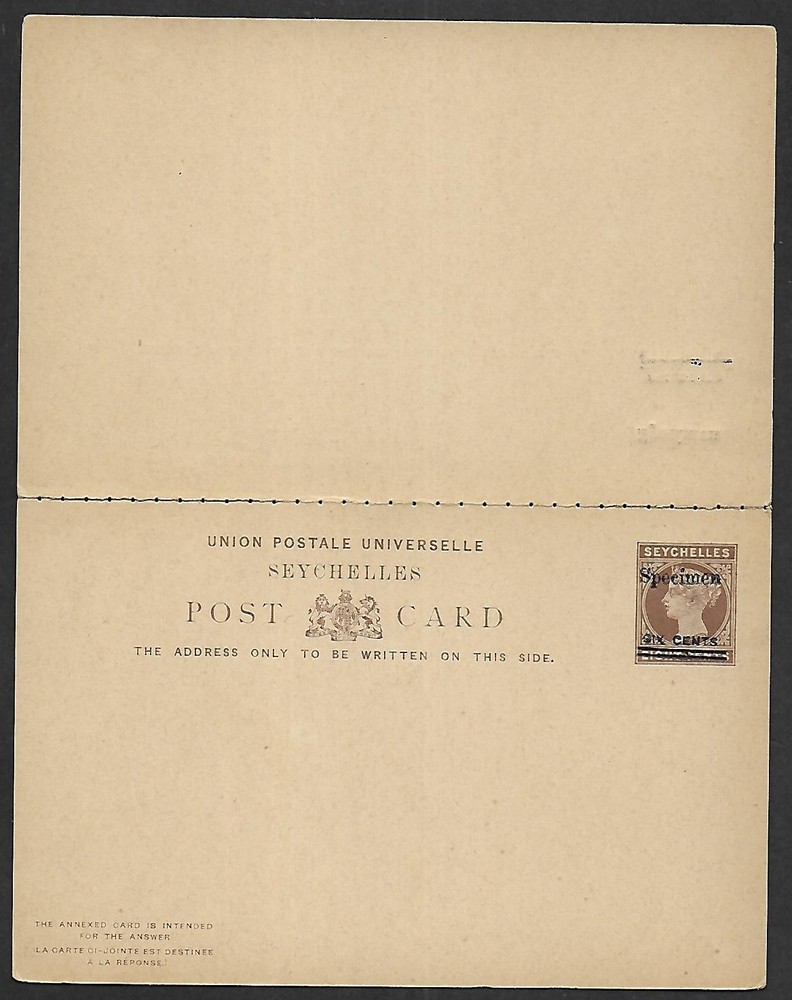 Seychelles 6c and SPECIMEN ovpt Double Card not sent