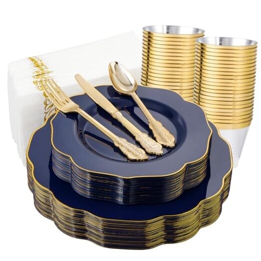 175PCS Plastic Plates with Disposable Silverware - Include 50 175 Pieces Blue