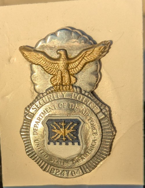 USAF Air Force security forces SP mini metal pin vintage white, blue and gold