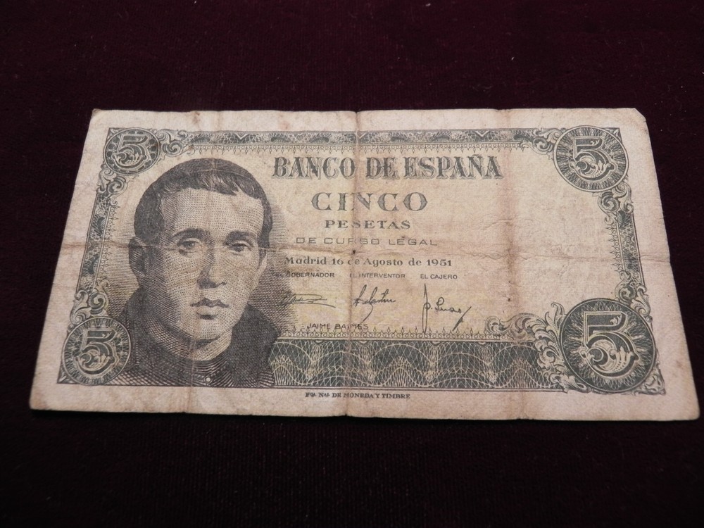 1951 Spain 5 Pesetas Bank Note Circulated