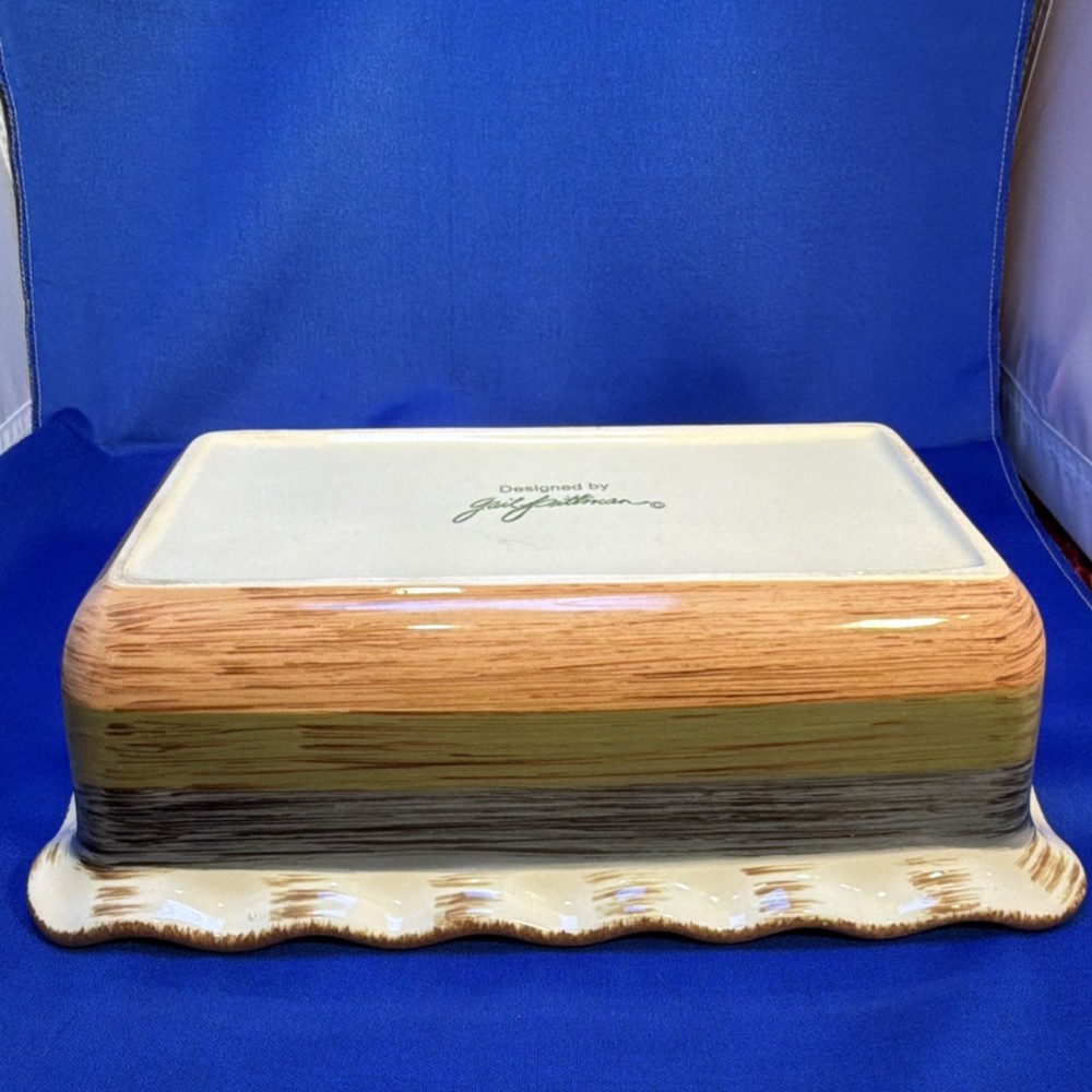 Gail Pittman Hand Painted Ceramic Rectangular Baking Dish Beige Brown Multicolor