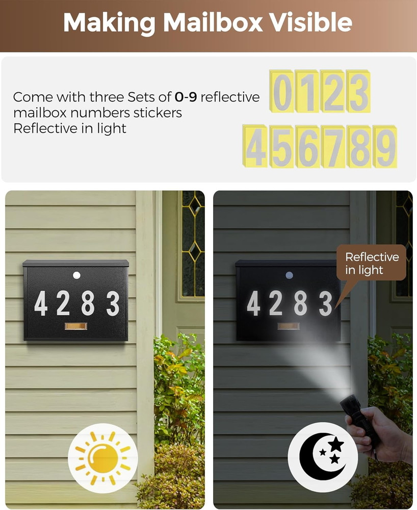 Locking Wall-Mount Mailbox for Outside, with 4 Keys, Galvanized Steel Rustproof