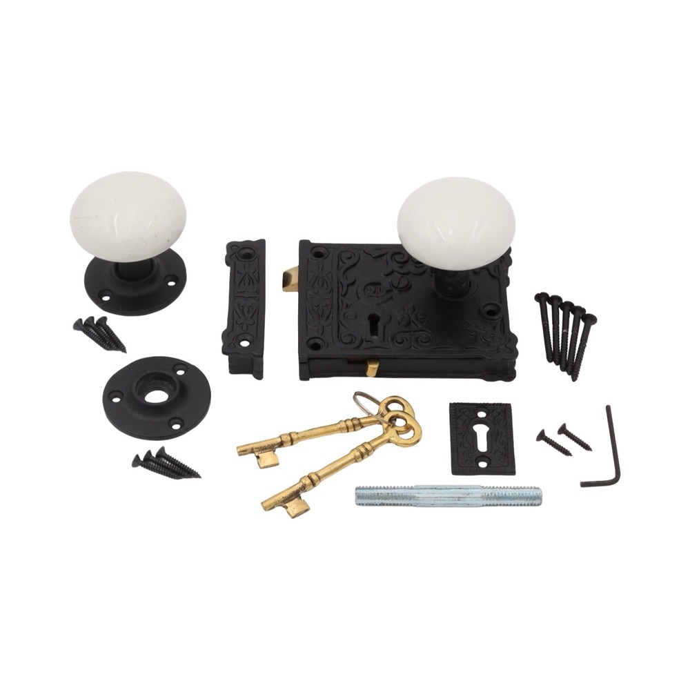 Rectangular Rim Lock Cast Iron Victorian Box Decorative w White Porcelain Knobs