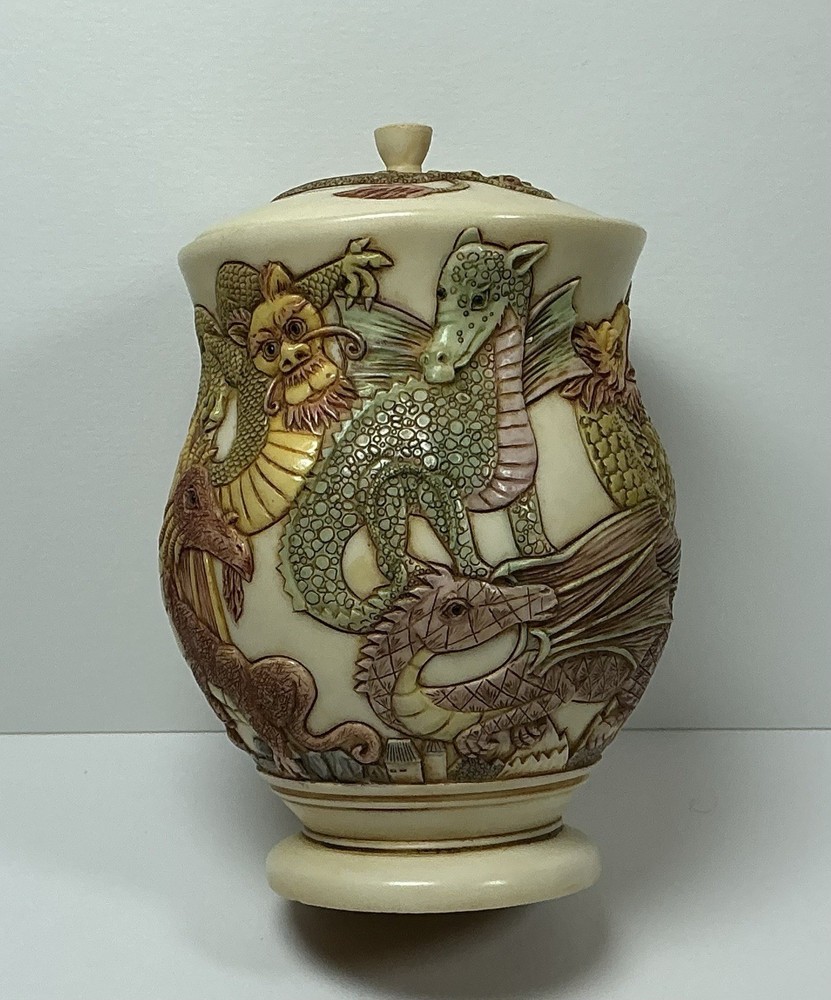 Jardinia Dragon ‘Fire Crackers’ Approximately 5”X6” Lidded Jar