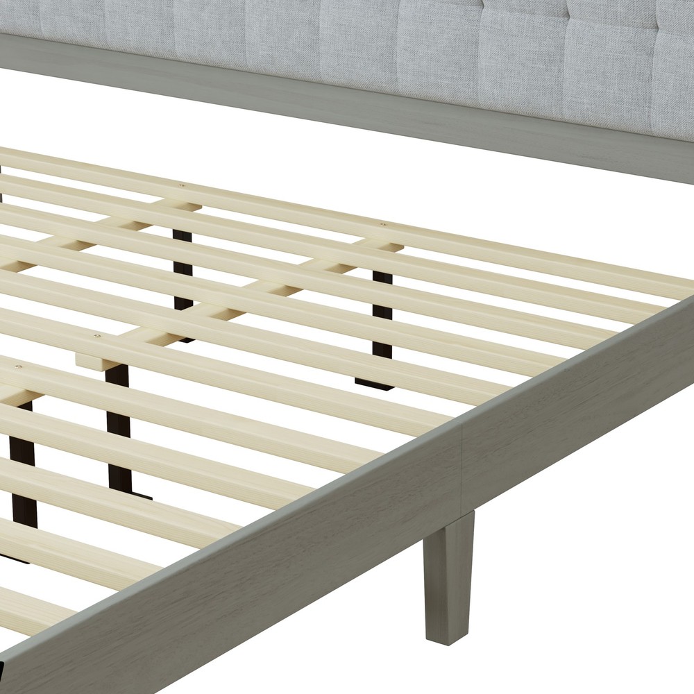 California King Bed Frame Solid Wood Upholstered Panel Headboard Gray