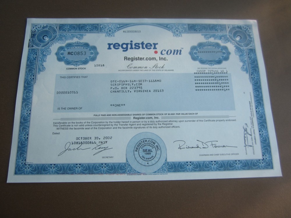 2002 - REGISTER.COM -  Stock Certificate