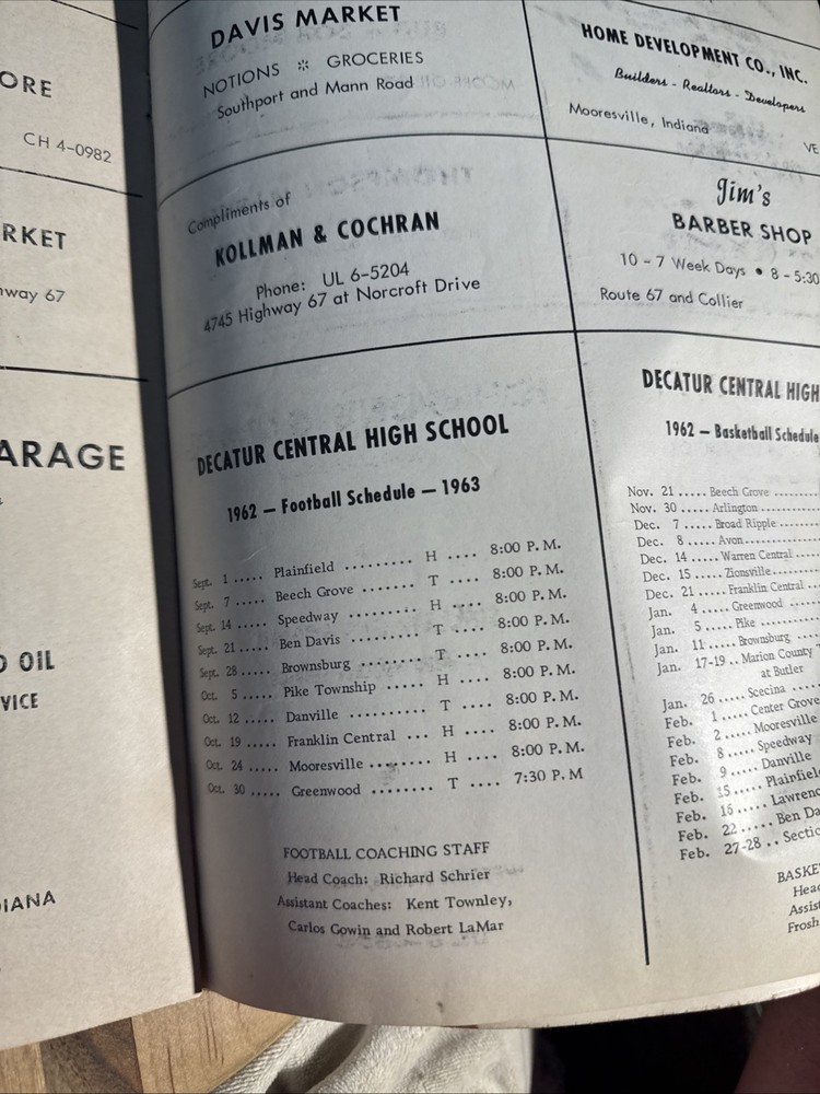 1963 Indianapolis High School Basketball Program, Decatur Central vs Ben Davis
