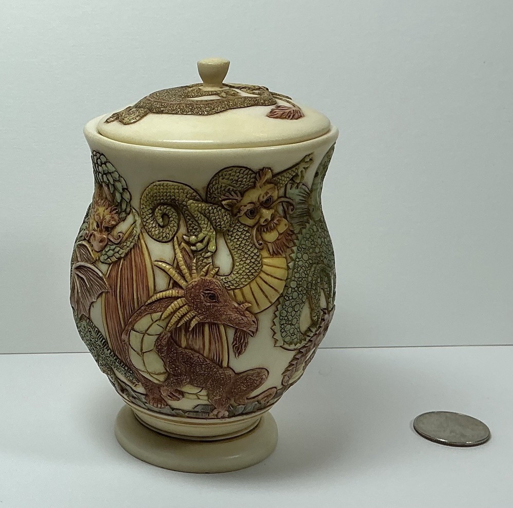 Jardinia Dragon ‘Fire Crackers’ Approximately 5”X6” Lidded Jar