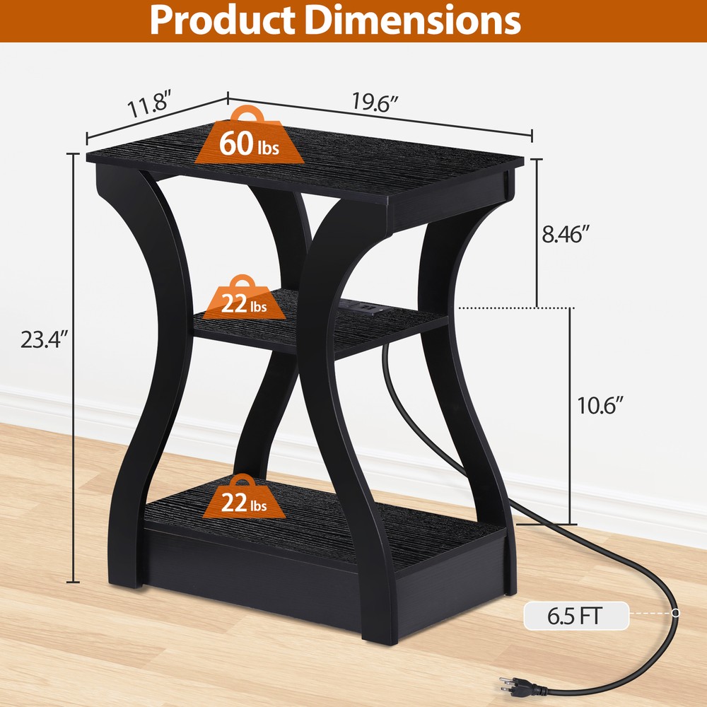 Black End Tables W/ Charging Station Three Tier Storage Durable Engineered Wood