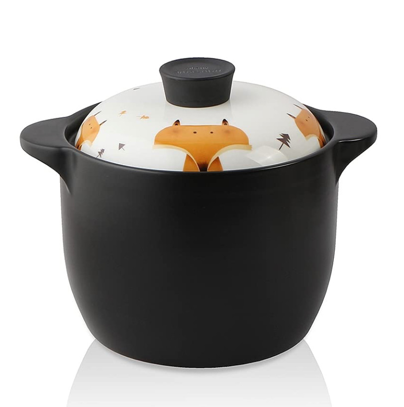 Lotus Blue 5 Quart FOX Cartoon Pattern Ceramic Round Black Dish Casserole Pan