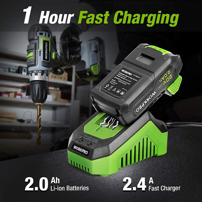 WORKPRO 20V Cordless Drill/Driver Kit 3/8" 18+2 Torque Setting Variable Speed US