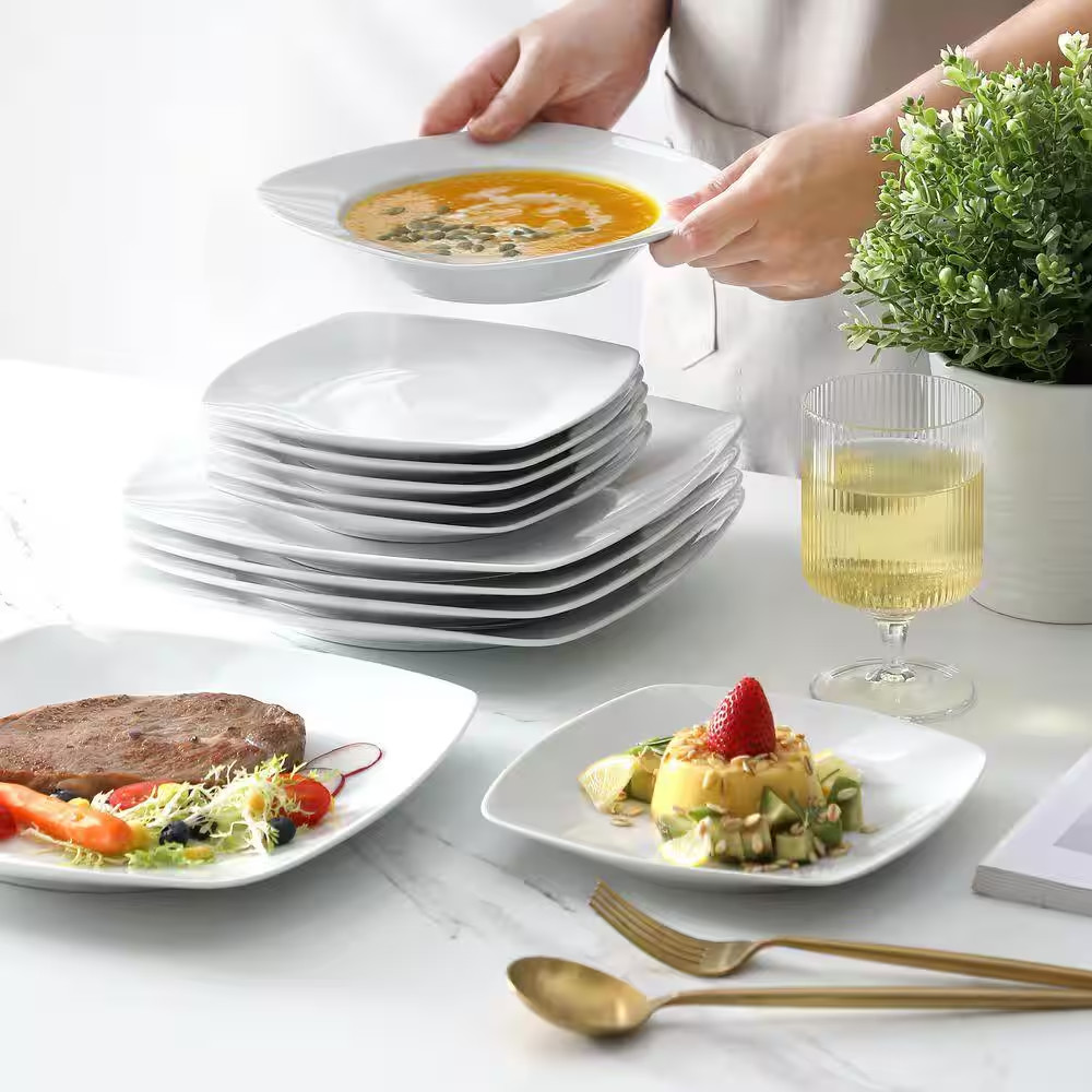 18-Piece Gray White Porcelain Dinnerware Set Service for 6 Plates Set Tableware