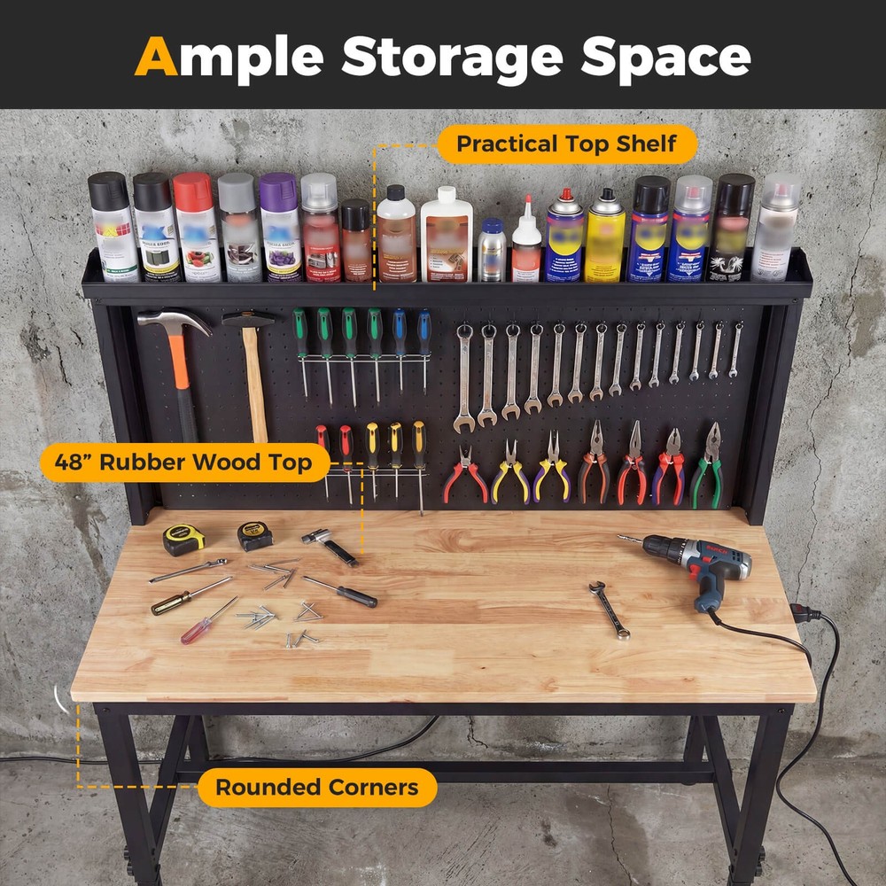 Heavy Duty Workbench with AC/USB Outlets and Pegboard, Max Load 2000 LBS