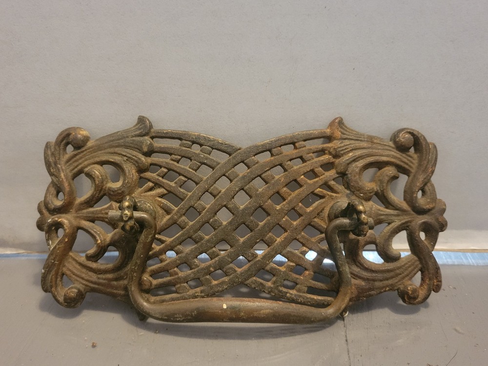 Antique Large Cast Brass Drawer Pull Scroll Victorian Patina Greco