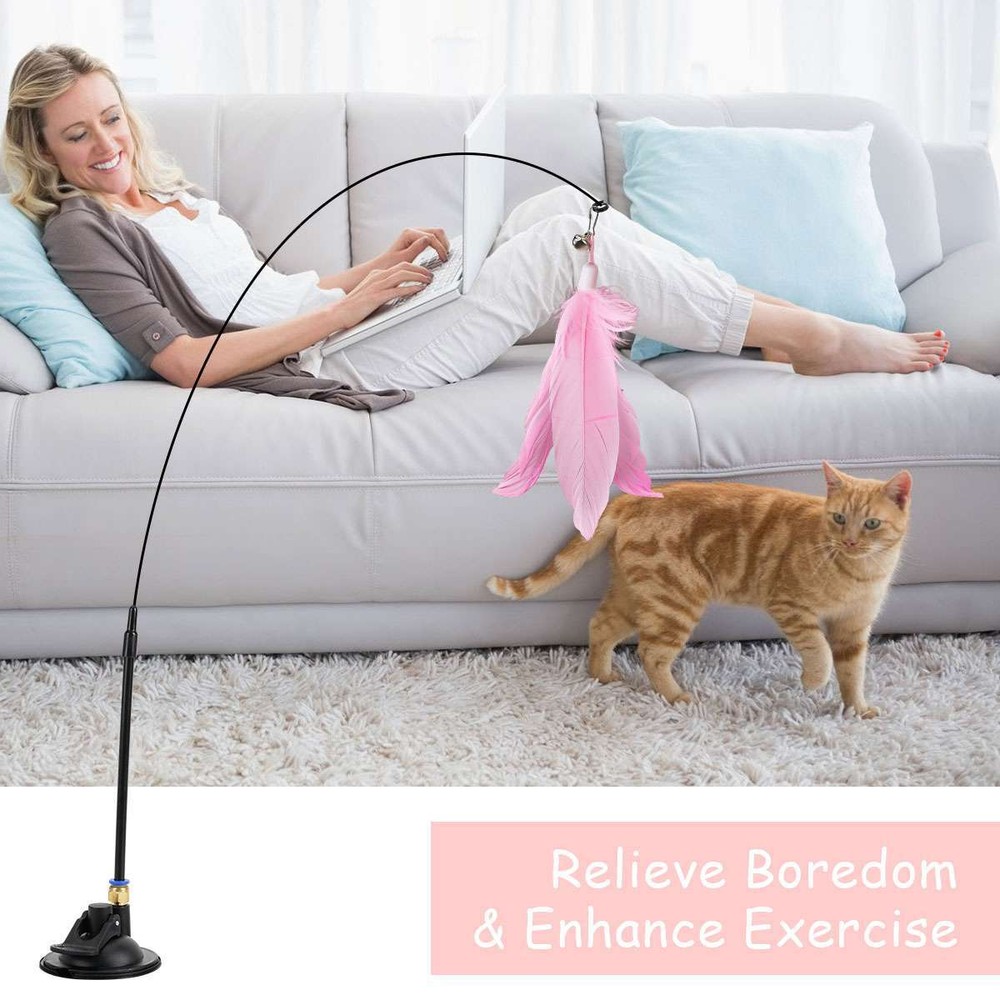 Teaser Wand Toy with Suction Cup Base Feather Bells Cat Teaser Interactive Pet