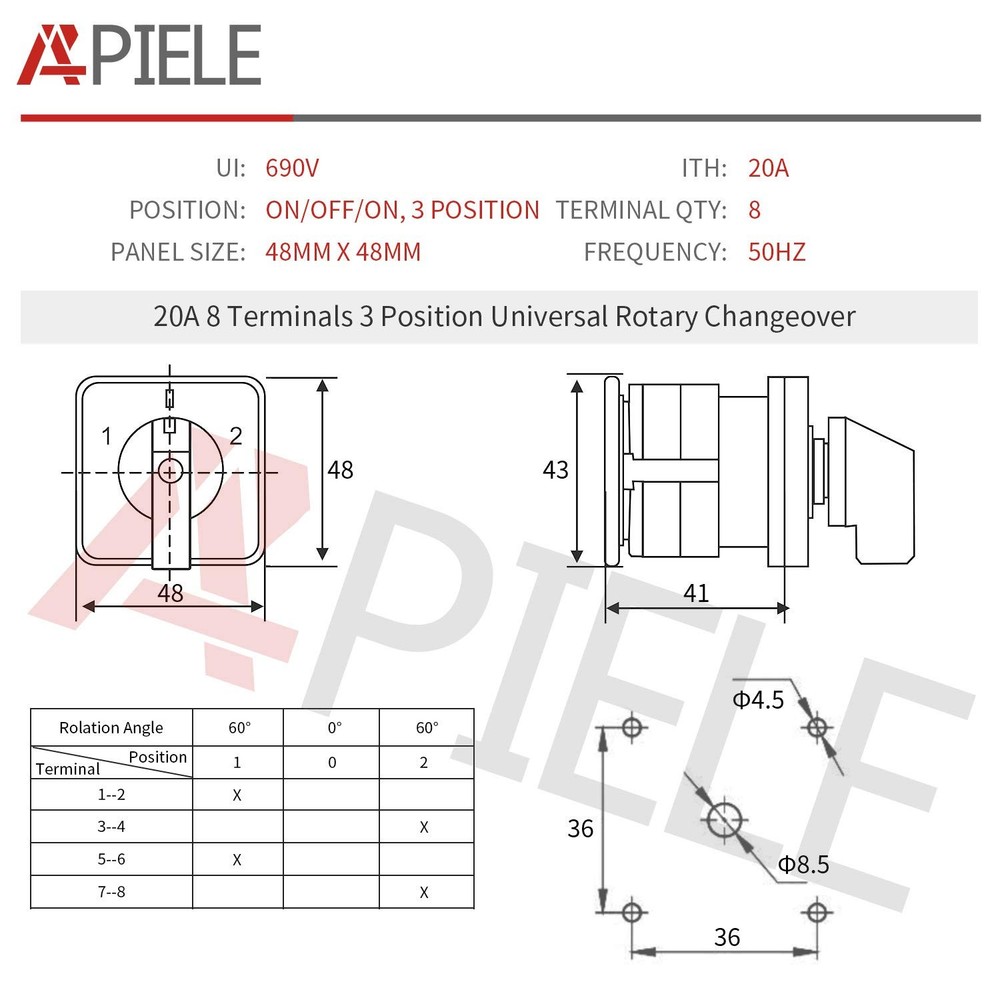 Changeover Selector Switch 3 Position 440V Universal Cam Selector (20A 8 Termina