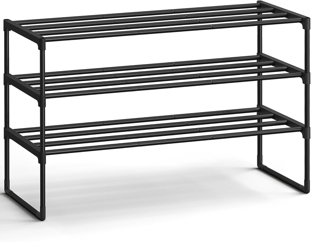 3-Tier Metal Shoe Rack, Stackable Organizer for 16-20 Pairs, Black