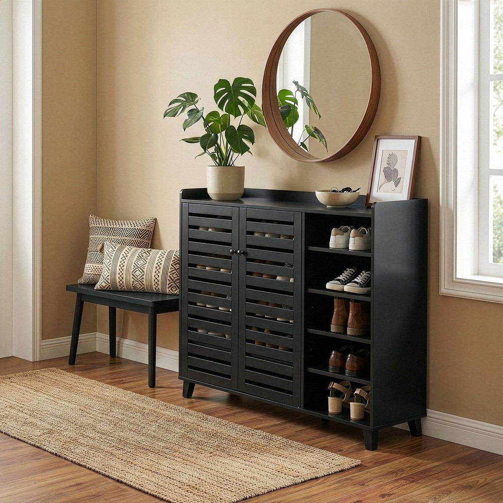 Shoe Cabinet w/ 2 Doors, 5 Open Compartments, Tabletop w/ Back Panel